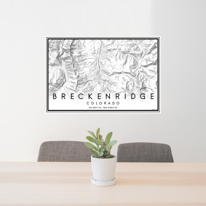 24x36 Breckenridge Colorado Map Print Landscape Orientation in Classic Style Behind 2 Chairs Table and Potted Plant