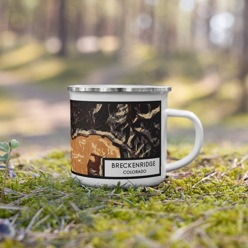 Right View Custom Breckenridge Colorado Map Enamel Mug in Ember on Grass With Trees in Background