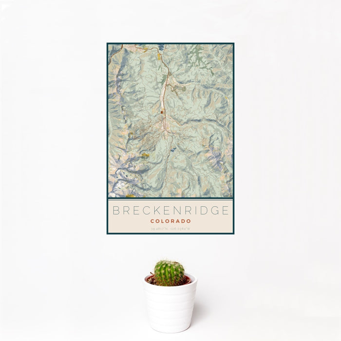 12x18 Breckenridge Colorado Map Print Portrait Orientation in Woodblock Style With Small Cactus Plant in White Planter