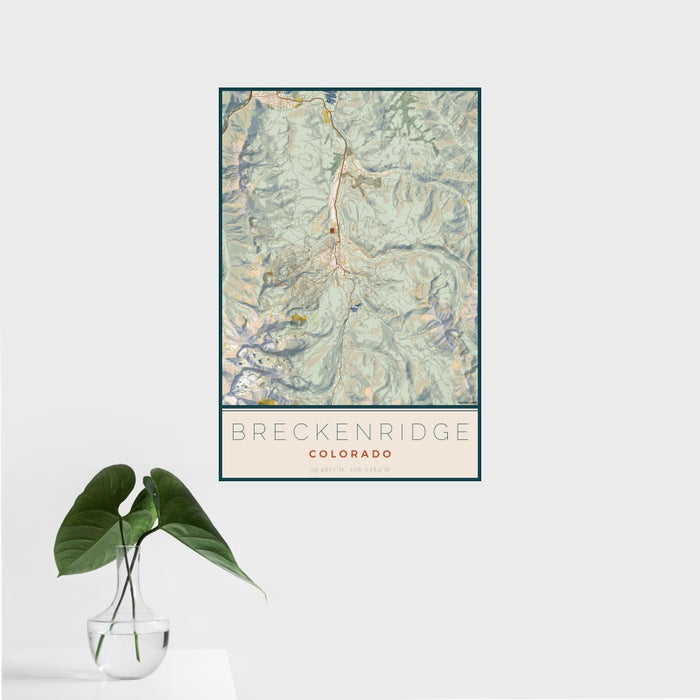 16x24 Breckenridge Colorado Map Print Portrait Orientation in Woodblock Style With Tropical Plant Leaves in Water
