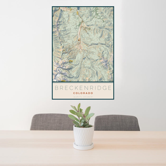 24x36 Breckenridge Colorado Map Print Portrait Orientation in Woodblock Style Behind 2 Chairs Table and Potted Plant