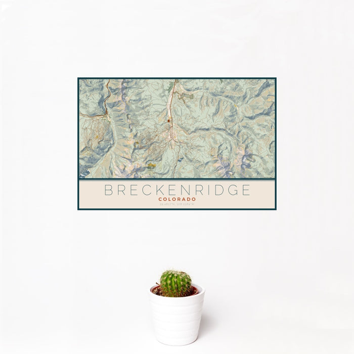 12x18 Breckenridge Colorado Map Print Landscape Orientation in Woodblock Style With Small Cactus Plant in White Planter