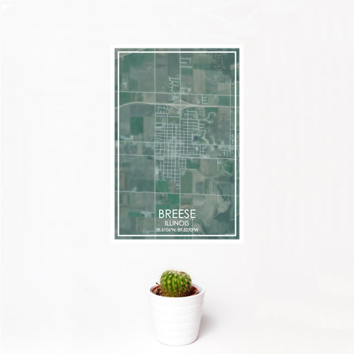 12x18 Breese Illinois Map Print Portrait Orientation in Afternoon Style With Small Cactus Plant in White Planter