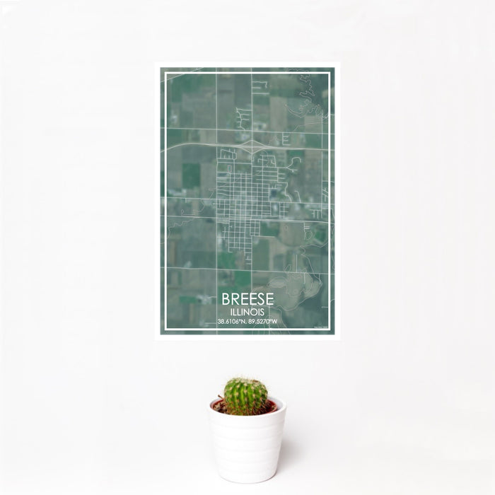 12x18 Breese Illinois Map Print Portrait Orientation in Afternoon Style With Small Cactus Plant in White Planter