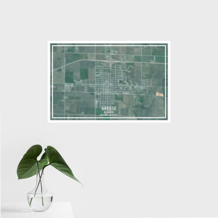 16x24 Breese Illinois Map Print Landscape Orientation in Afternoon Style With Tropical Plant Leaves in Water