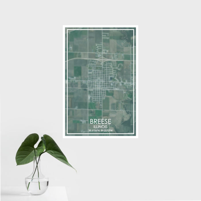 16x24 Breese Illinois Map Print Portrait Orientation in Afternoon Style With Tropical Plant Leaves in Water