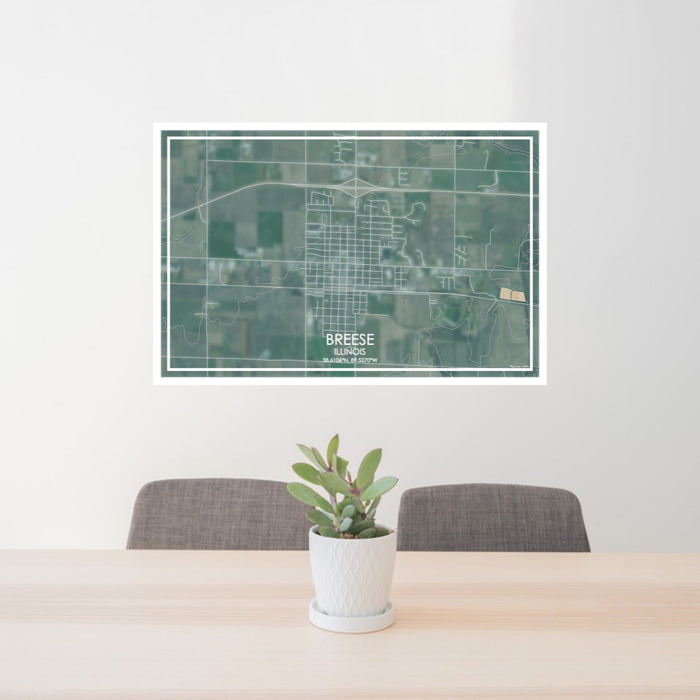 24x36 Breese Illinois Map Print Lanscape Orientation in Afternoon Style Behind 2 Chairs Table and Potted Plant