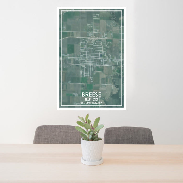 24x36 Breese Illinois Map Print Portrait Orientation in Afternoon Style Behind 2 Chairs Table and Potted Plant