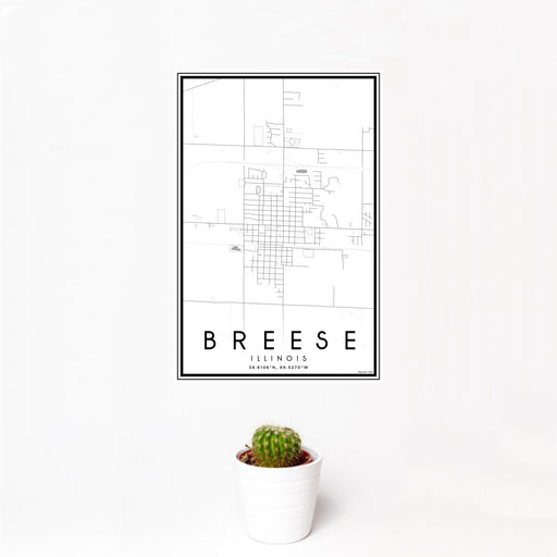 12x18 Breese Illinois Map Print Portrait Orientation in Classic Style With Small Cactus Plant in White Planter