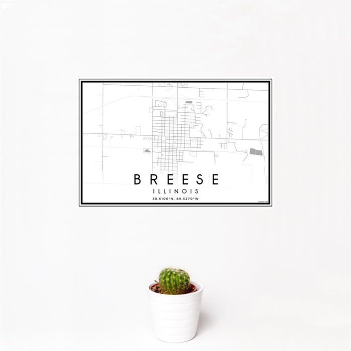 12x18 Breese Illinois Map Print Landscape Orientation in Classic Style With Small Cactus Plant in White Planter