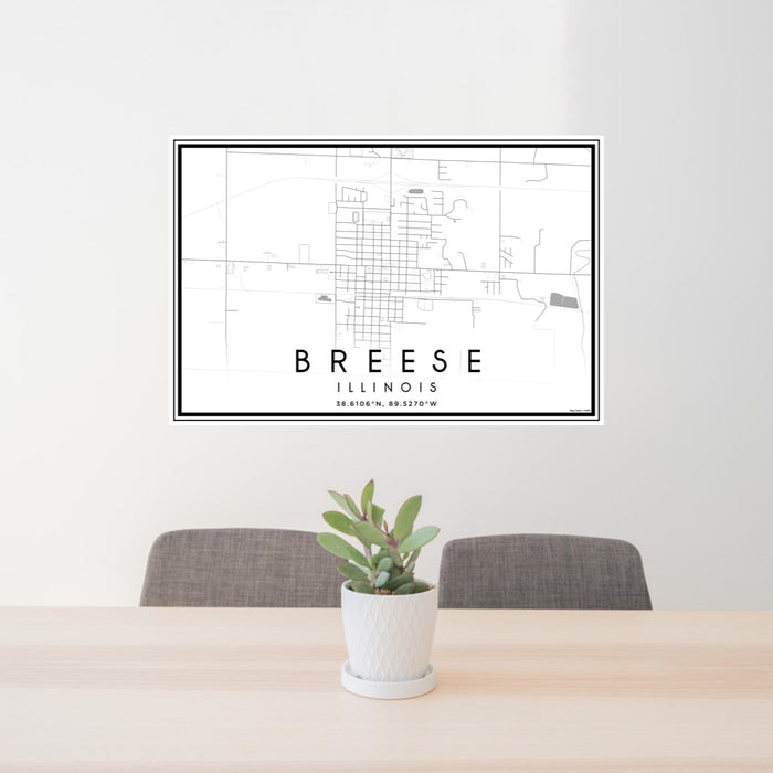 24x36 Breese Illinois Map Print Landscape Orientation in Classic Style Behind 2 Chairs Table and Potted Plant