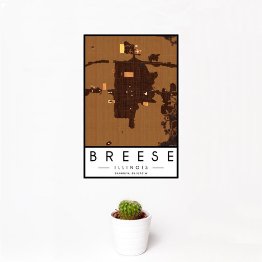 12x18 Breese Illinois Map Print Portrait Orientation in Ember Style With Small Cactus Plant in White Planter