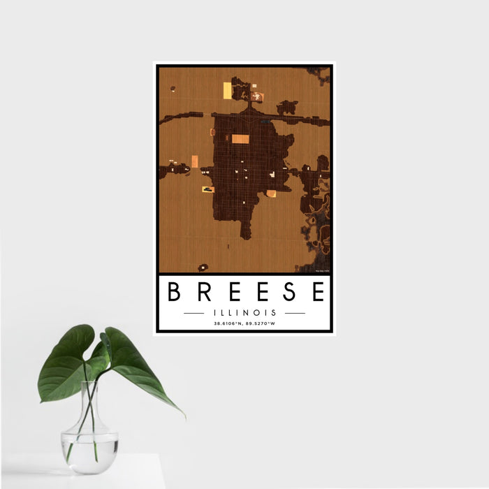 16x24 Breese Illinois Map Print Portrait Orientation in Ember Style With Tropical Plant Leaves in Water