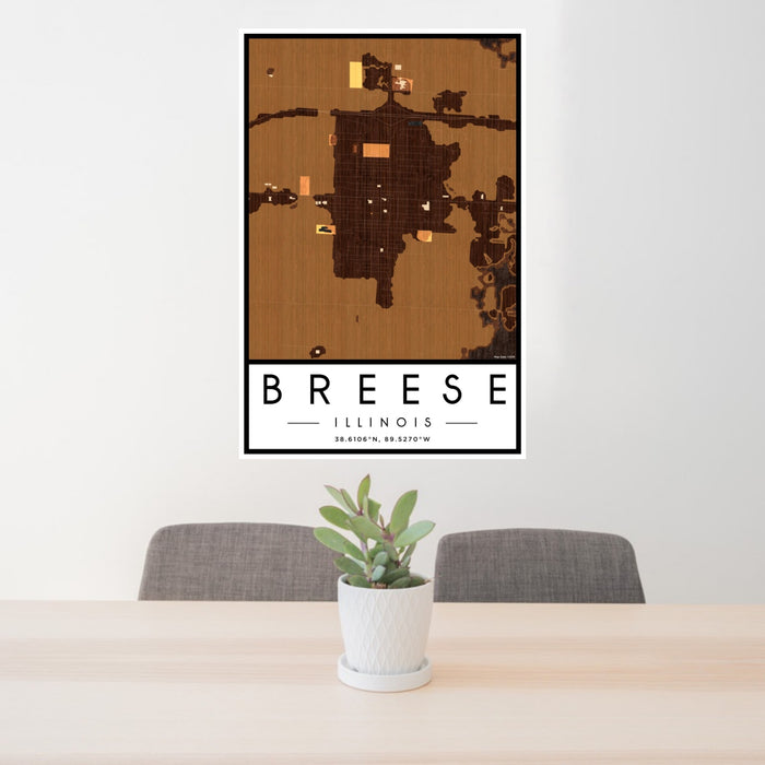 24x36 Breese Illinois Map Print Portrait Orientation in Ember Style Behind 2 Chairs Table and Potted Plant