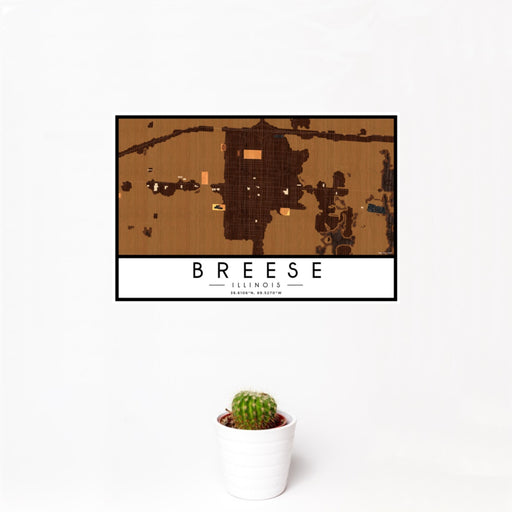 12x18 Breese Illinois Map Print Landscape Orientation in Ember Style With Small Cactus Plant in White Planter