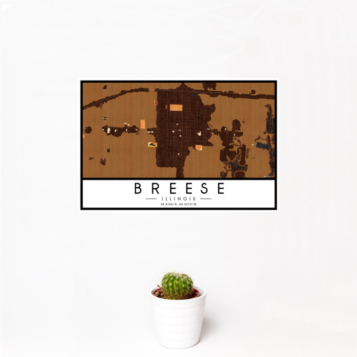 12x18 Breese Illinois Map Print Landscape Orientation in Ember Style With Small Cactus Plant in White Planter