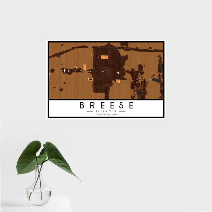 16x24 Breese Illinois Map Print Landscape Orientation in Ember Style With Tropical Plant Leaves in Water