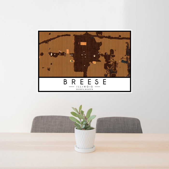24x36 Breese Illinois Map Print Landscape Orientation in Ember Style Behind 2 Chairs Table and Potted Plant