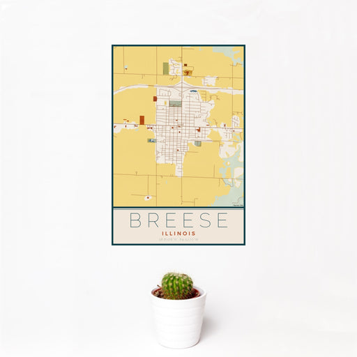 12x18 Breese Illinois Map Print Portrait Orientation in Woodblock Style With Small Cactus Plant in White Planter