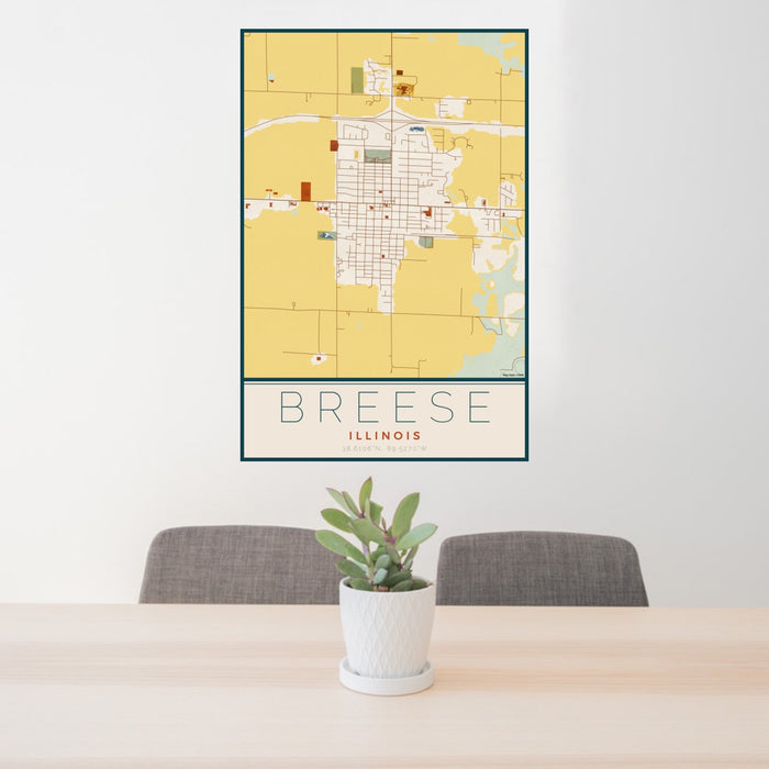 24x36 Breese Illinois Map Print Portrait Orientation in Woodblock Style Behind 2 Chairs Table and Potted Plant