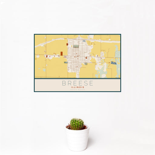 12x18 Breese Illinois Map Print Landscape Orientation in Woodblock Style With Small Cactus Plant in White Planter