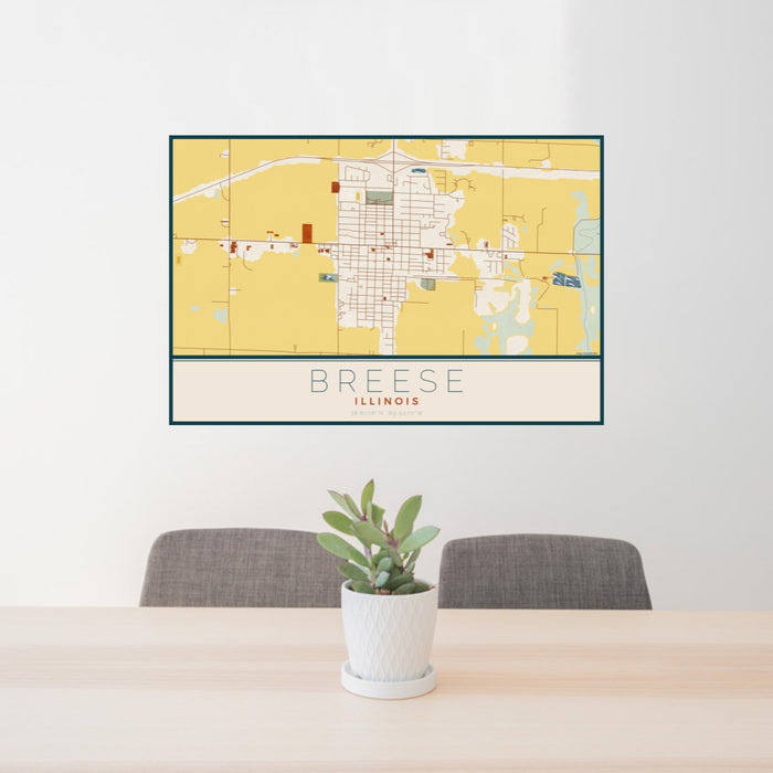 24x36 Breese Illinois Map Print Landscape Orientation in Woodblock Style Behind 2 Chairs Table and Potted Plant