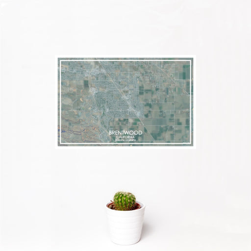 12x18 Brentwood California Map Print Landscape Orientation in Afternoon Style With Small Cactus Plant in White Planter