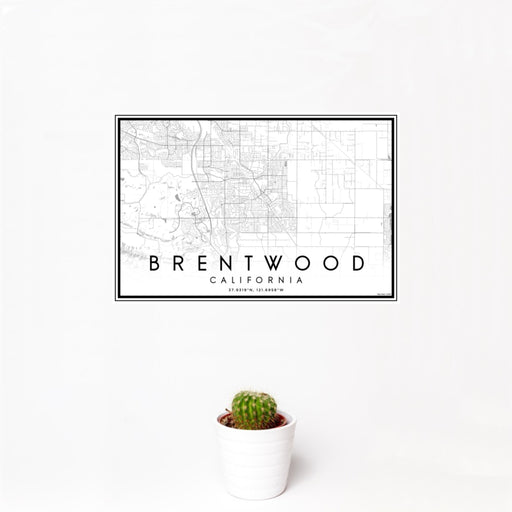 12x18 Brentwood California Map Print Landscape Orientation in Classic Style With Small Cactus Plant in White Planter