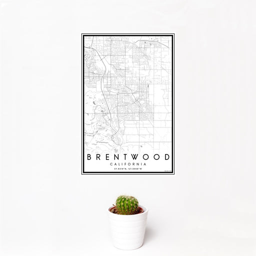 12x18 Brentwood California Map Print Portrait Orientation in Classic Style With Small Cactus Plant in White Planter