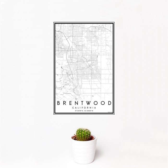 12x18 Brentwood California Map Print Portrait Orientation in Classic Style With Small Cactus Plant in White Planter