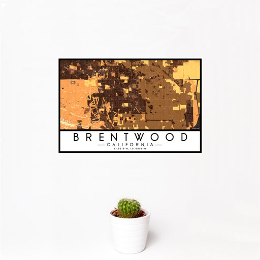12x18 Brentwood California Map Print Landscape Orientation in Ember Style With Small Cactus Plant in White Planter