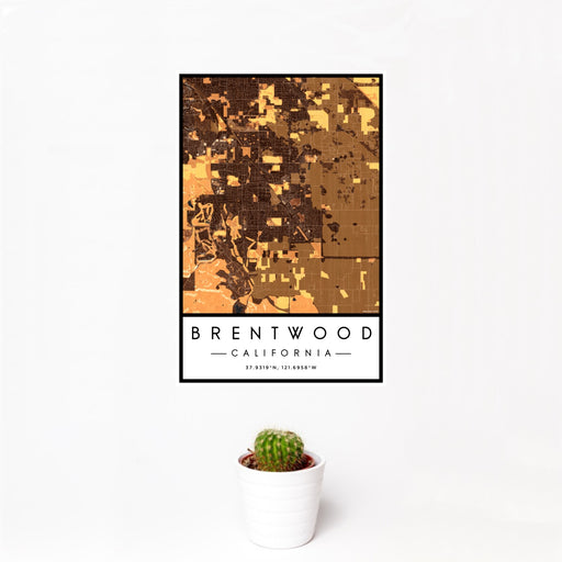 12x18 Brentwood California Map Print Portrait Orientation in Ember Style With Small Cactus Plant in White Planter