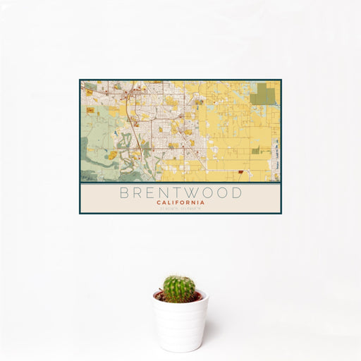 12x18 Brentwood California Map Print Landscape Orientation in Woodblock Style With Small Cactus Plant in White Planter