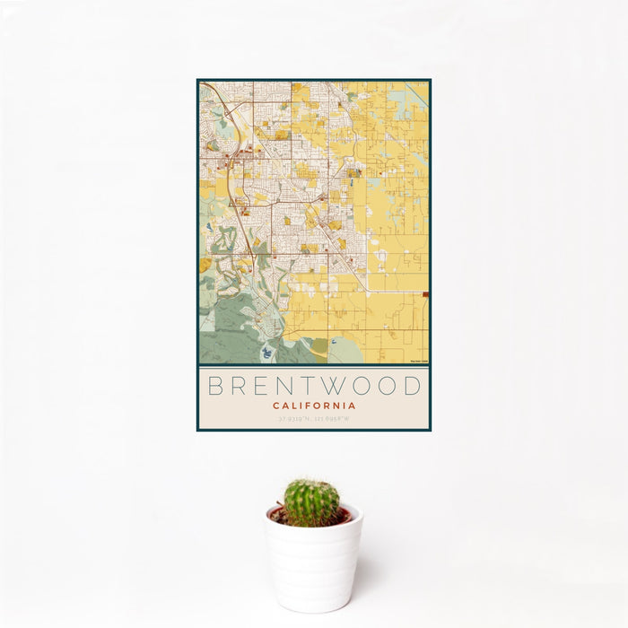 12x18 Brentwood California Map Print Portrait Orientation in Woodblock Style With Small Cactus Plant in White Planter