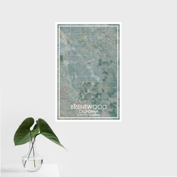 16x24 Brentwood California Map Print Portrait Orientation in Afternoon Style With Tropical Plant Leaves in Water
