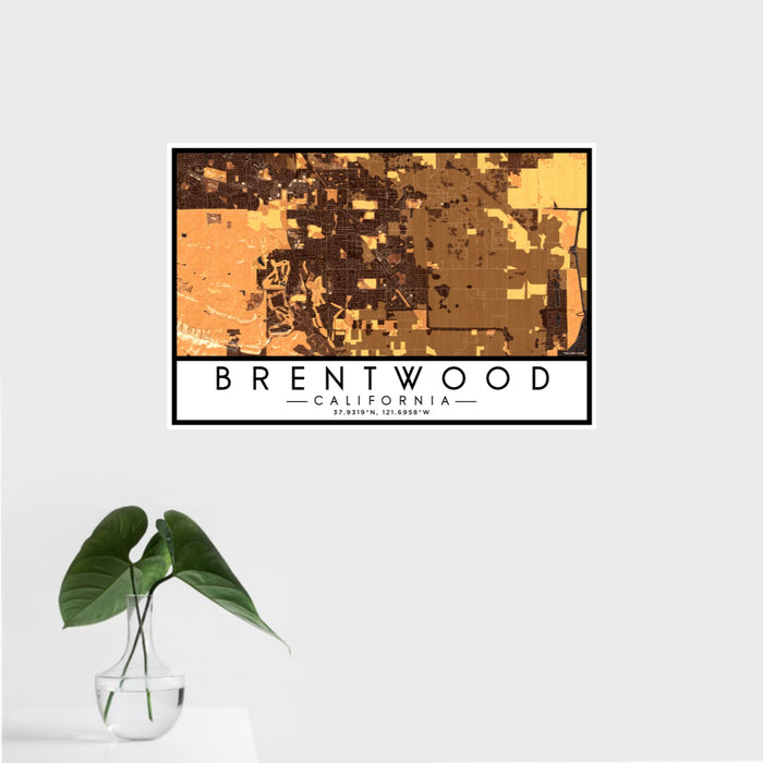16x24 Brentwood California Map Print Landscape Orientation in Ember Style With Tropical Plant Leaves in Water