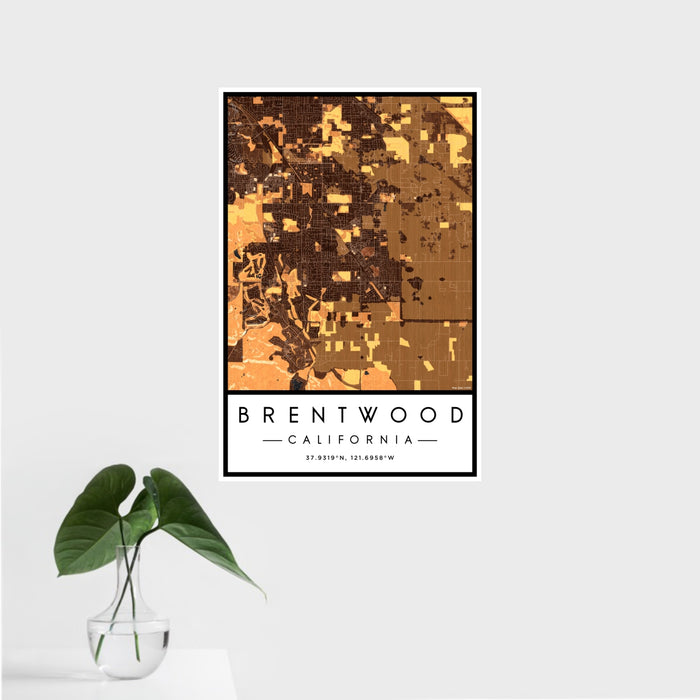 16x24 Brentwood California Map Print Portrait Orientation in Ember Style With Tropical Plant Leaves in Water