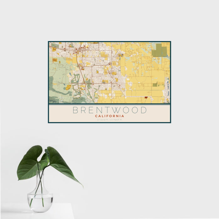 16x24 Brentwood California Map Print Landscape Orientation in Woodblock Style With Tropical Plant Leaves in Water