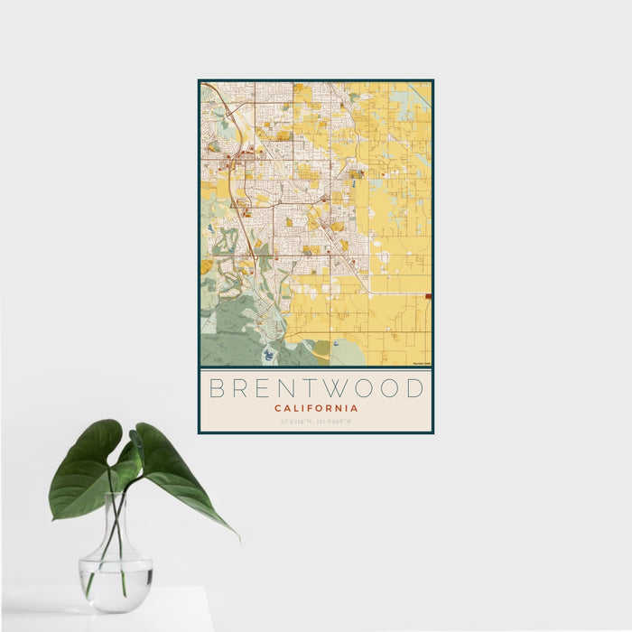 16x24 Brentwood California Map Print Portrait Orientation in Woodblock Style With Tropical Plant Leaves in Water