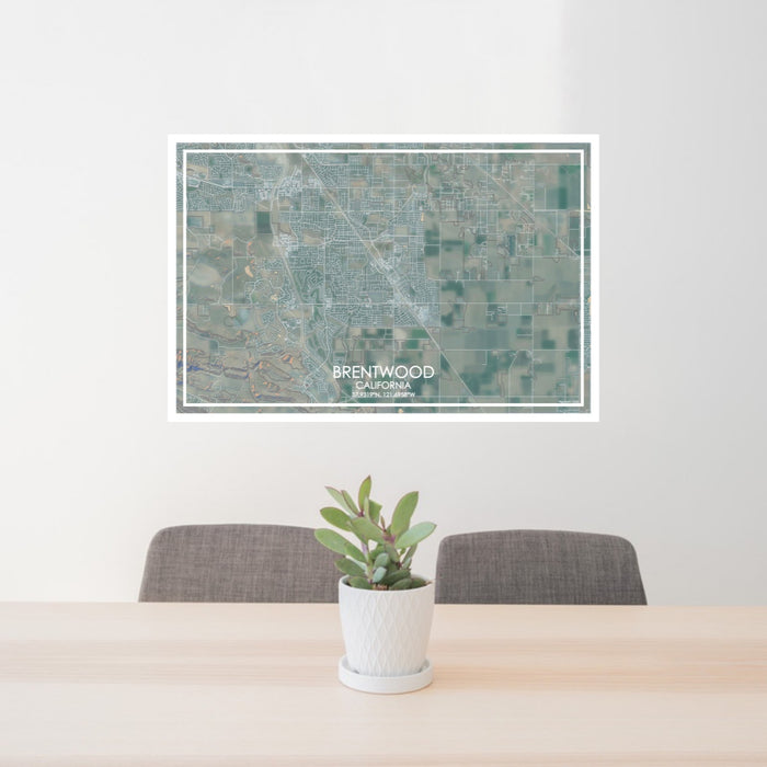 24x36 Brentwood California Map Print Lanscape Orientation in Afternoon Style Behind 2 Chairs Table and Potted Plant