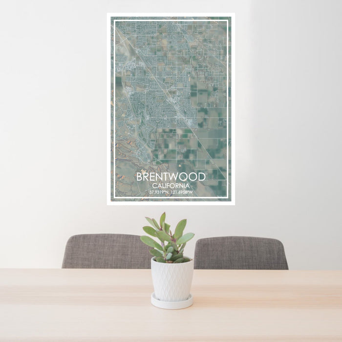 24x36 Brentwood California Map Print Portrait Orientation in Afternoon Style Behind 2 Chairs Table and Potted Plant