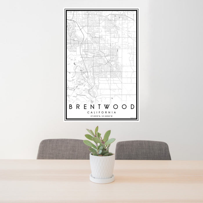 24x36 Brentwood California Map Print Portrait Orientation in Classic Style Behind 2 Chairs Table and Potted Plant