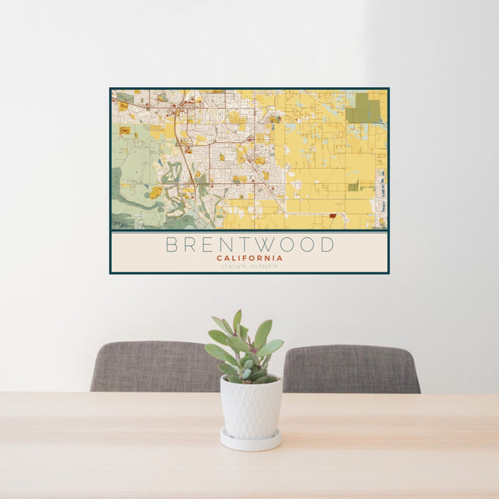 24x36 Brentwood California Map Print Lanscape Orientation in Woodblock Style Behind 2 Chairs Table and Potted Plant