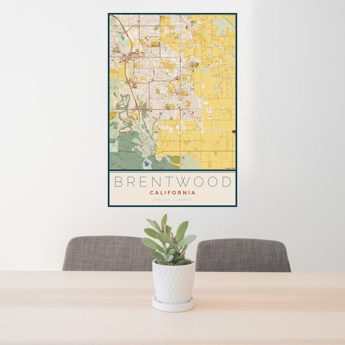 24x36 Brentwood California Map Print Portrait Orientation in Woodblock Style Behind 2 Chairs Table and Potted Plant