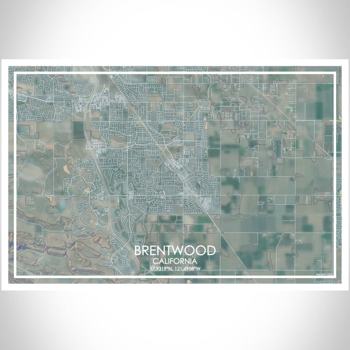 Brentwood California Map Print Landscape Orientation in Afternoon Style With Shaded Background