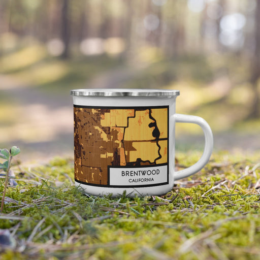 Right View Custom Brentwood California Map Enamel Mug in Ember on Grass With Trees in Background