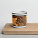 Front View Custom Brentwood California Map Enamel Mug in Ember on Cutting Board