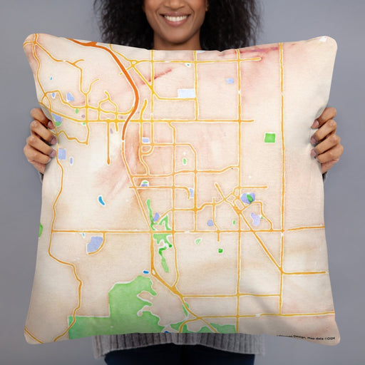 Person holding 22x22 Custom Brentwood California Map Throw Pillow in Watercolor