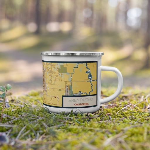 Right View Custom Brentwood California Map Enamel Mug in Woodblock on Grass With Trees in Background