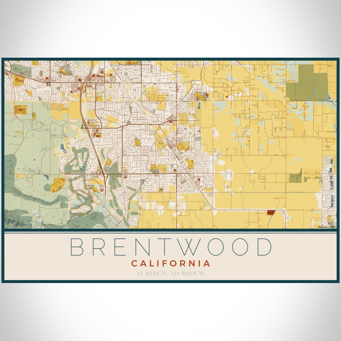 Brentwood California Map Print Landscape Orientation in Woodblock Style With Shaded Background